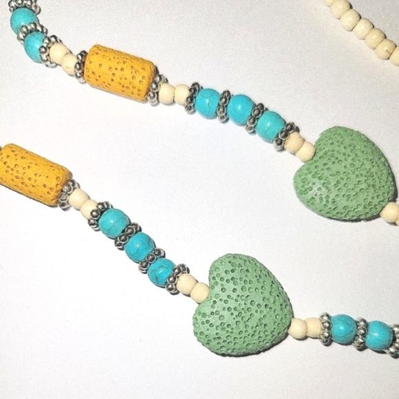 Lava/Howlite, Boho Heart,Statement Necklace w/Red Pendant & Silvertone Accent - Picture 5 of 8